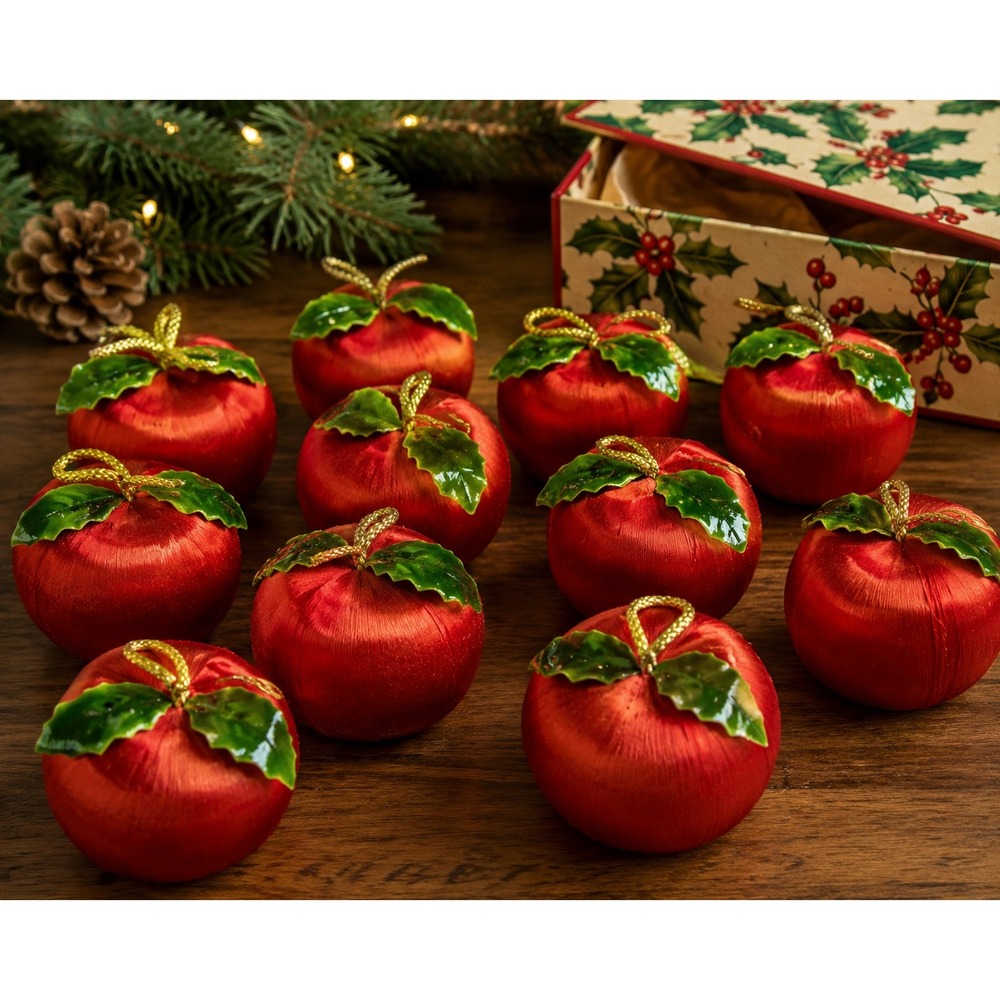 10 Vintage Satin Apple Christmas Ornaments Red Fruit Balls MCM Retro 3 Inch